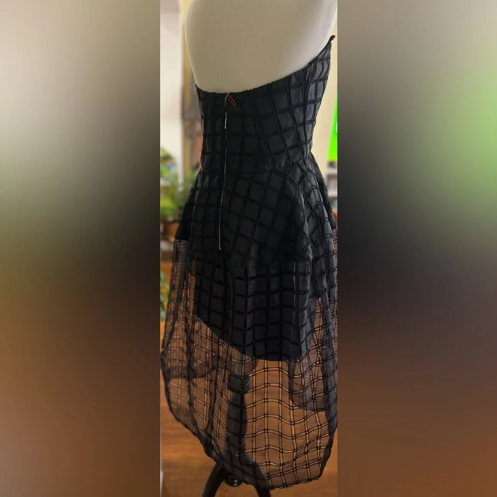 NICHOLAS Dress Strapless Black Windowpane Cutout Caged Sheer Full Skirt SZ 4 - Picture 7 of 13